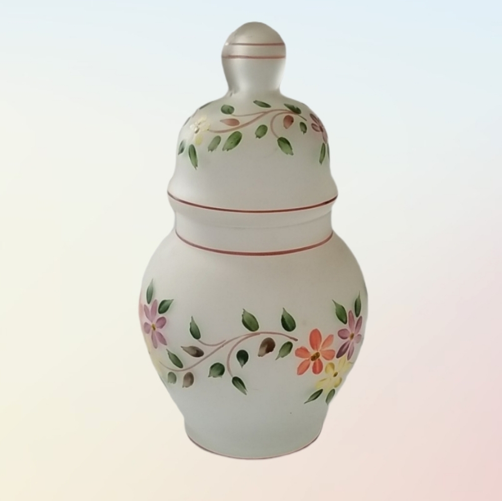 Antique floral hand painted frosted lid Glass Jar